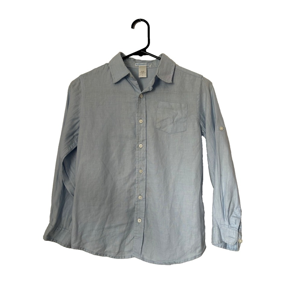 Janie and Jack 100% Linen Shirt Boys Size 8 Blue Long Roll Tab Sleeve Button Up